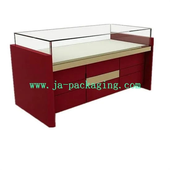 Red Wooden Showcase With Cabinets And Drawers